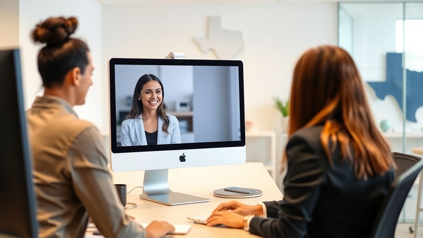 Virtual receptionist greets businessperson in modern McAllen office