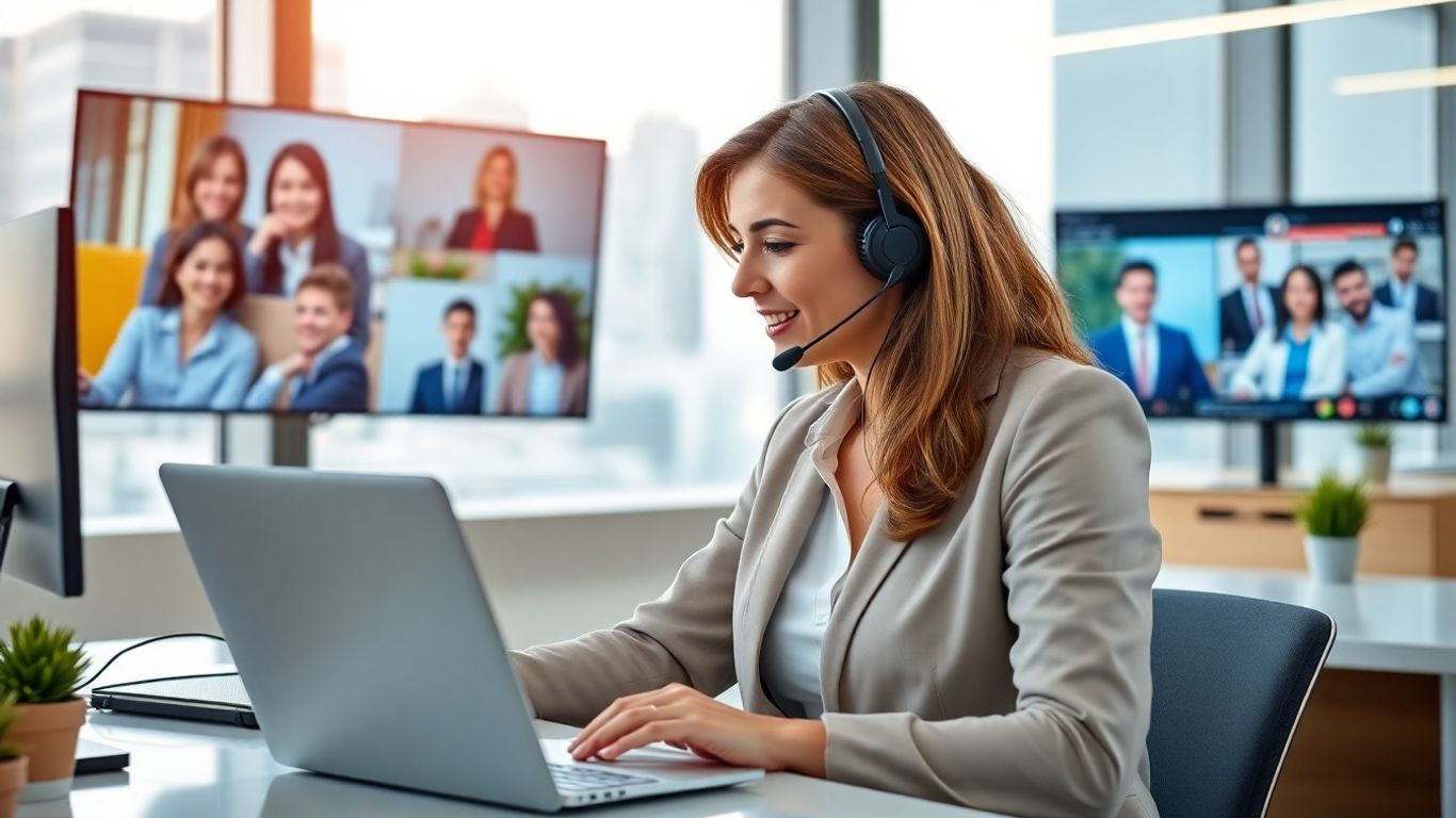 Professional virtual receptionist assisting clients remotely in modern office