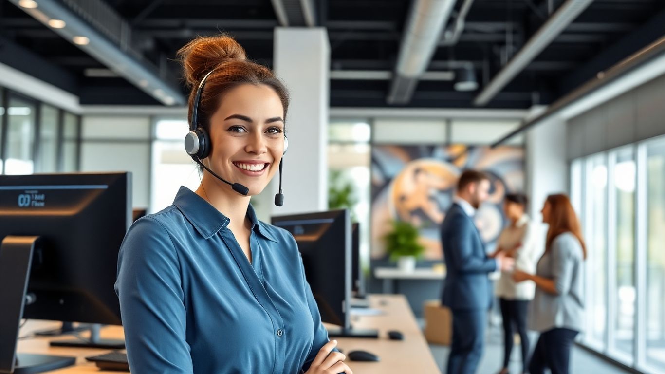 Virtual receptionist managing calls in a modern office environment.