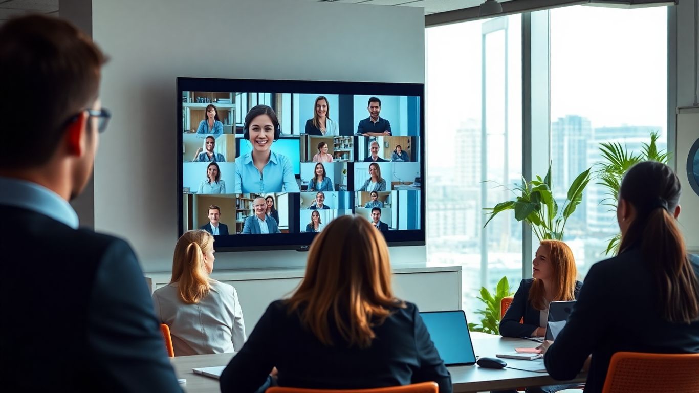 Virtual receptionist greets clients on screen in modern office.