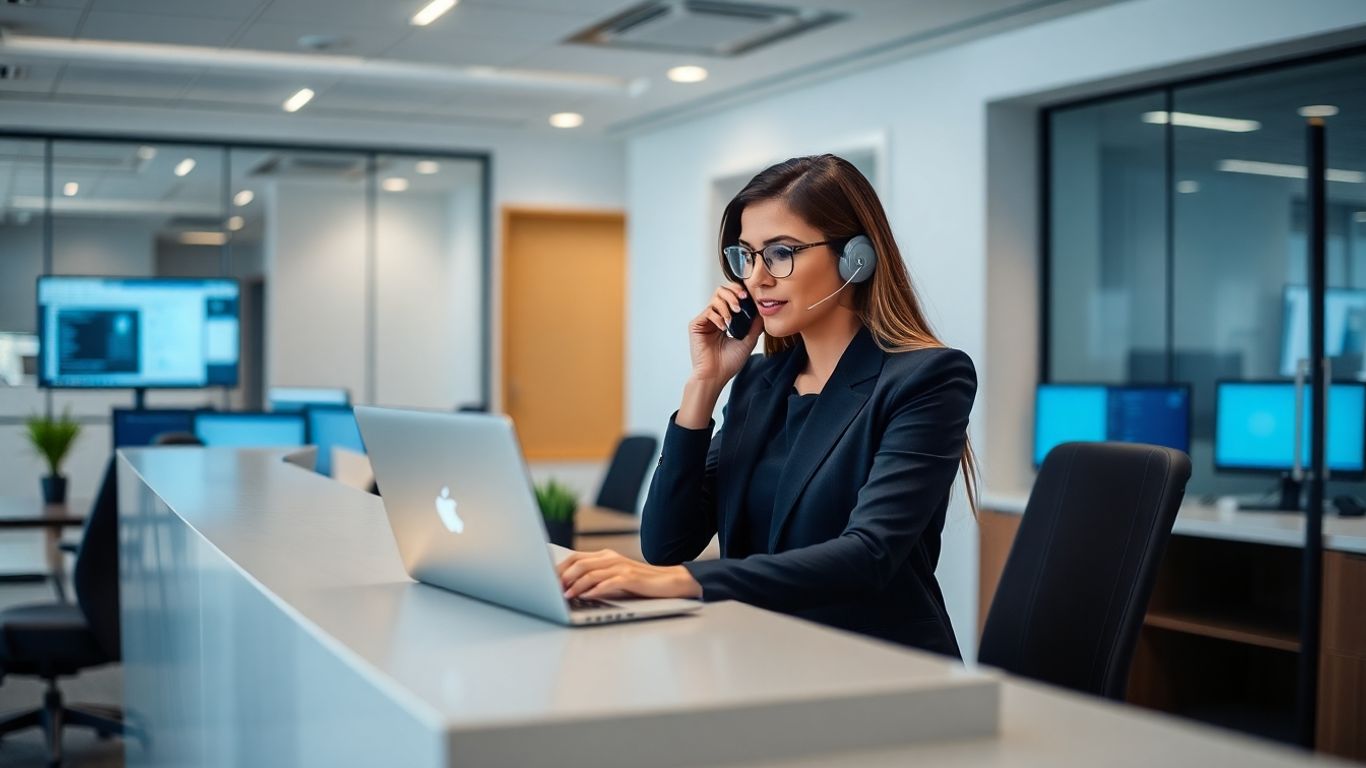 Receptionist in secure modern office taking a business call