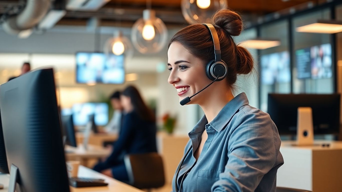 Virtual receptionist with headset in modern Texas office