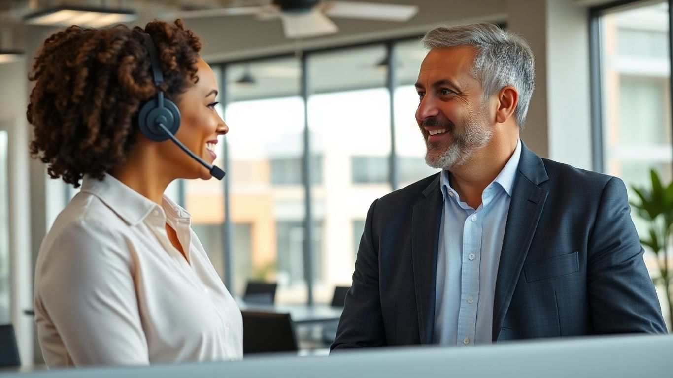 Receptionist assisting business owner in Waco office