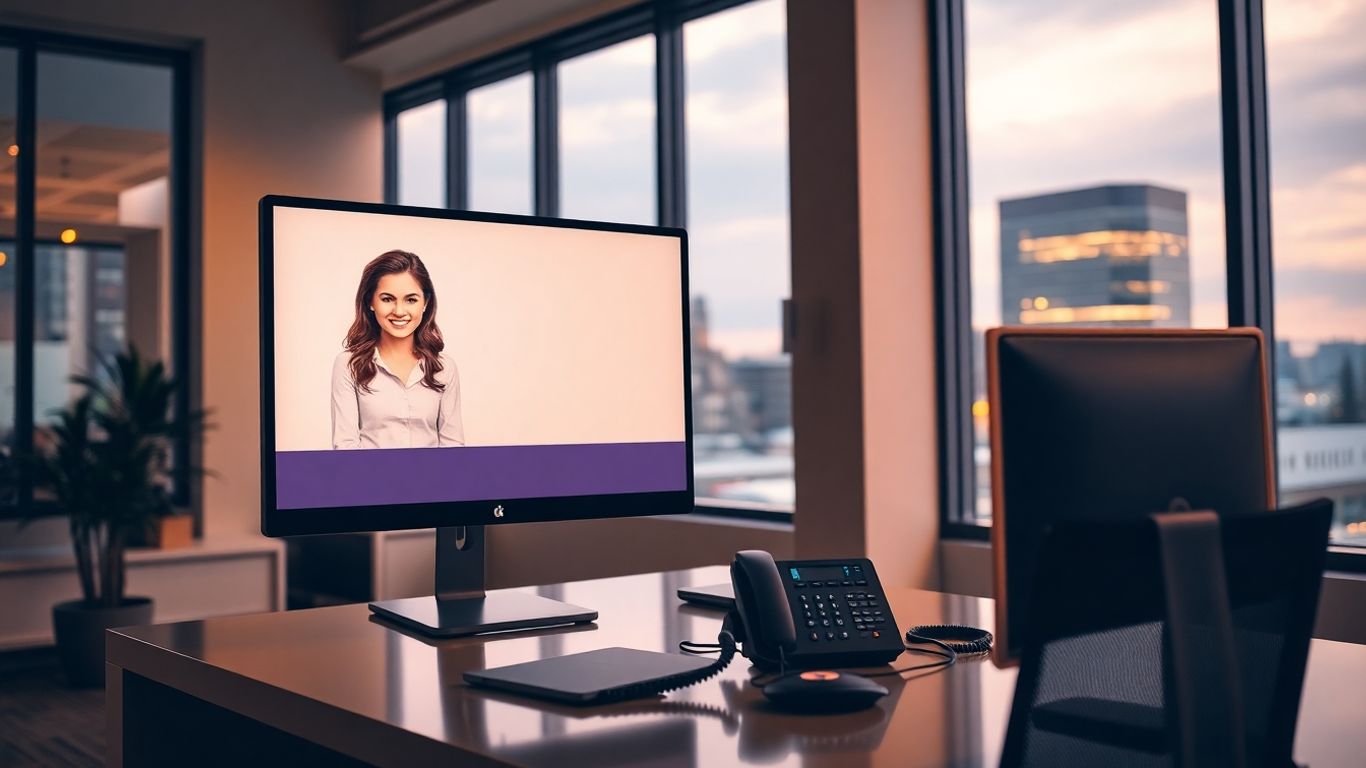 Virtual receptionist on computer in modern Waco office.