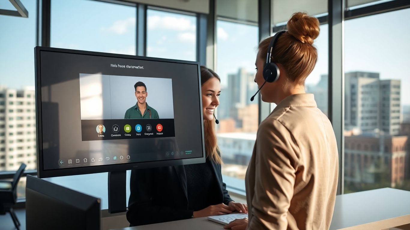 Receptionist in Des Moines office using virtual call system