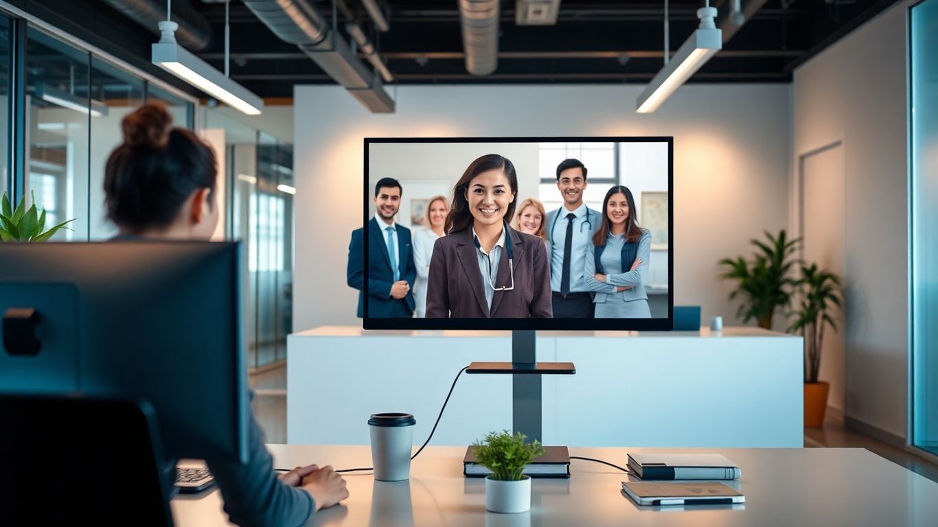 Virtual receptionist video calling professionals in modern office