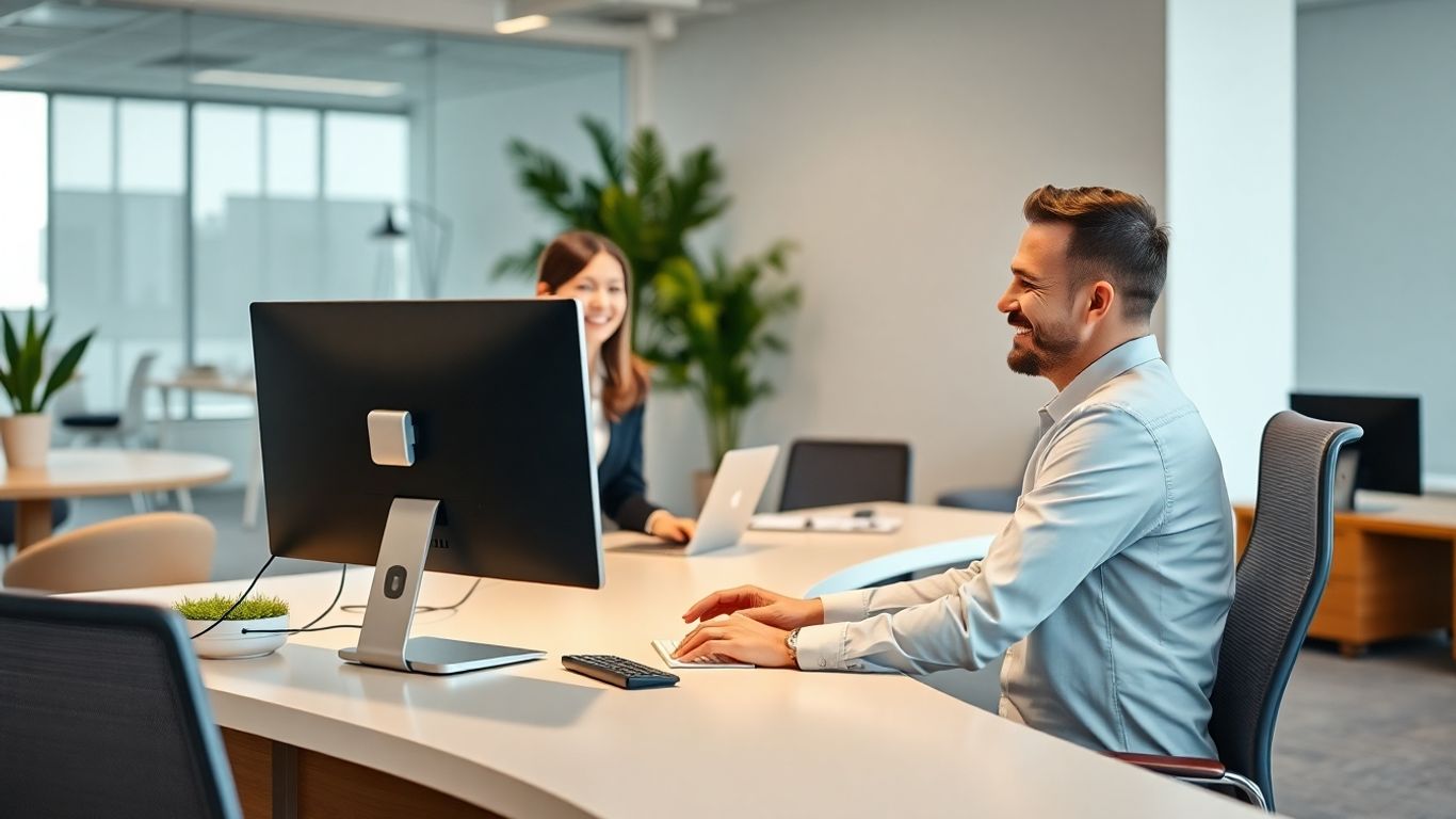 Virtual receptionist greeting clients in a modern office