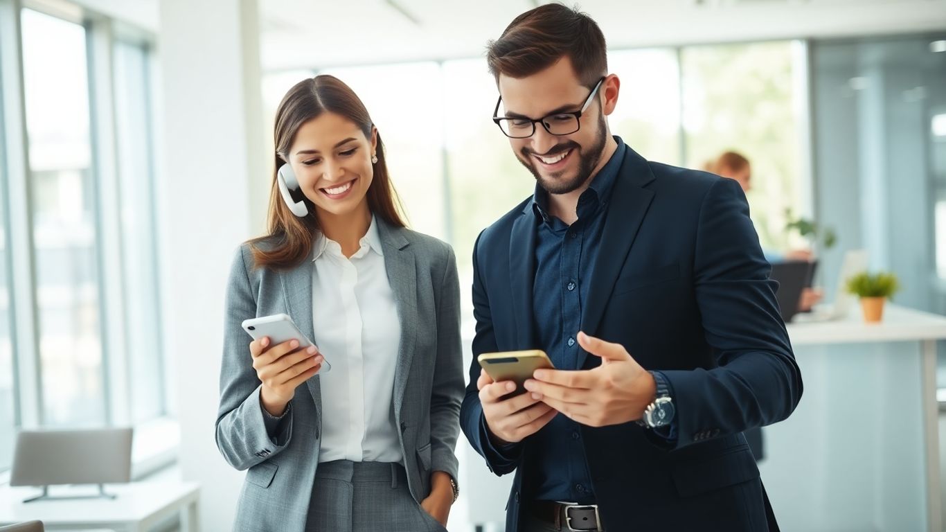 Professional using mobile virtual receptionist in modern office