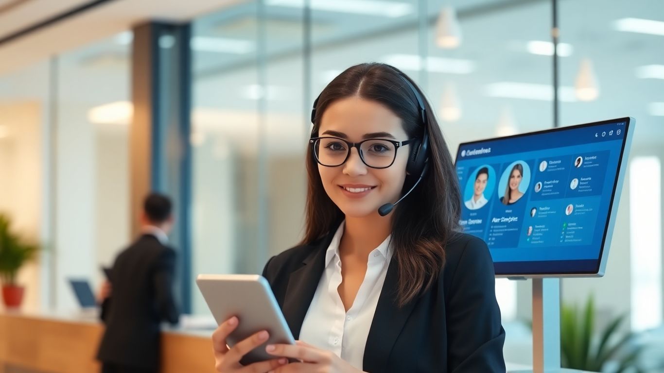 Receptionist using mobile and headset in modern office