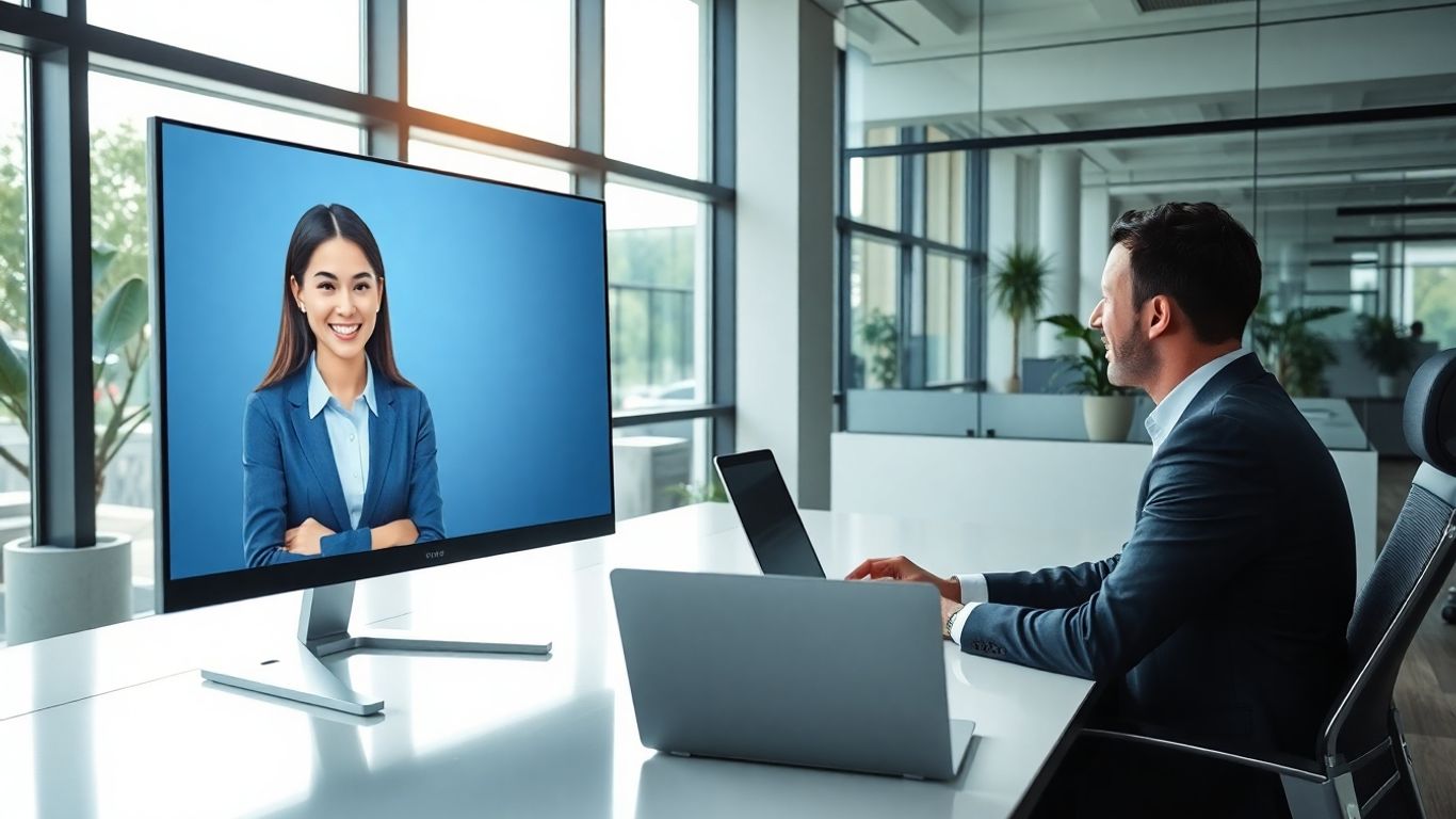 Smiling virtual receptionist on computer in modern office