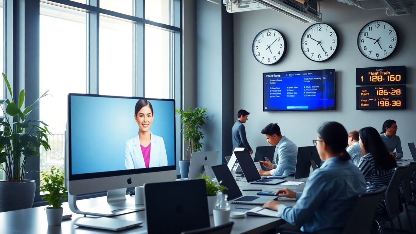Virtual receptionist on screen in bustling modern office