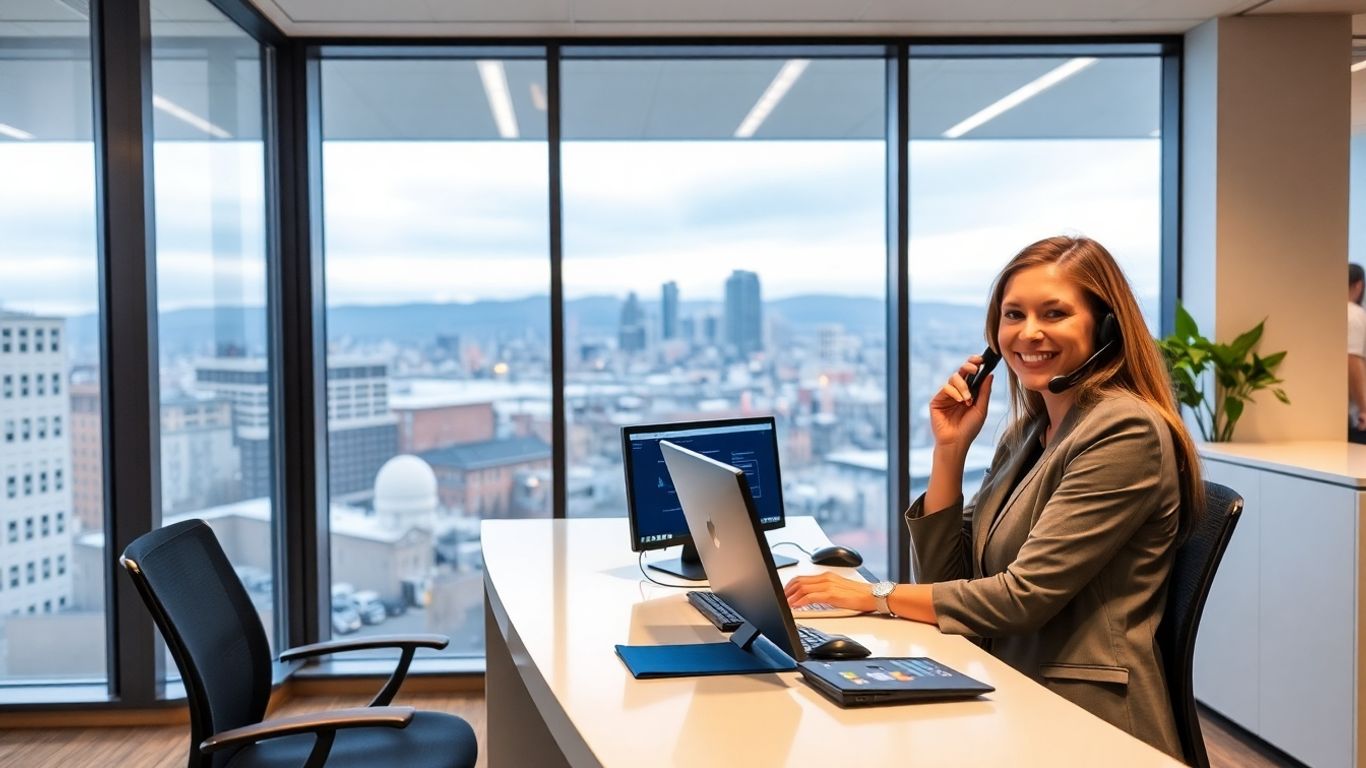 Receptionist at office desk with Salt Lake City backdrop