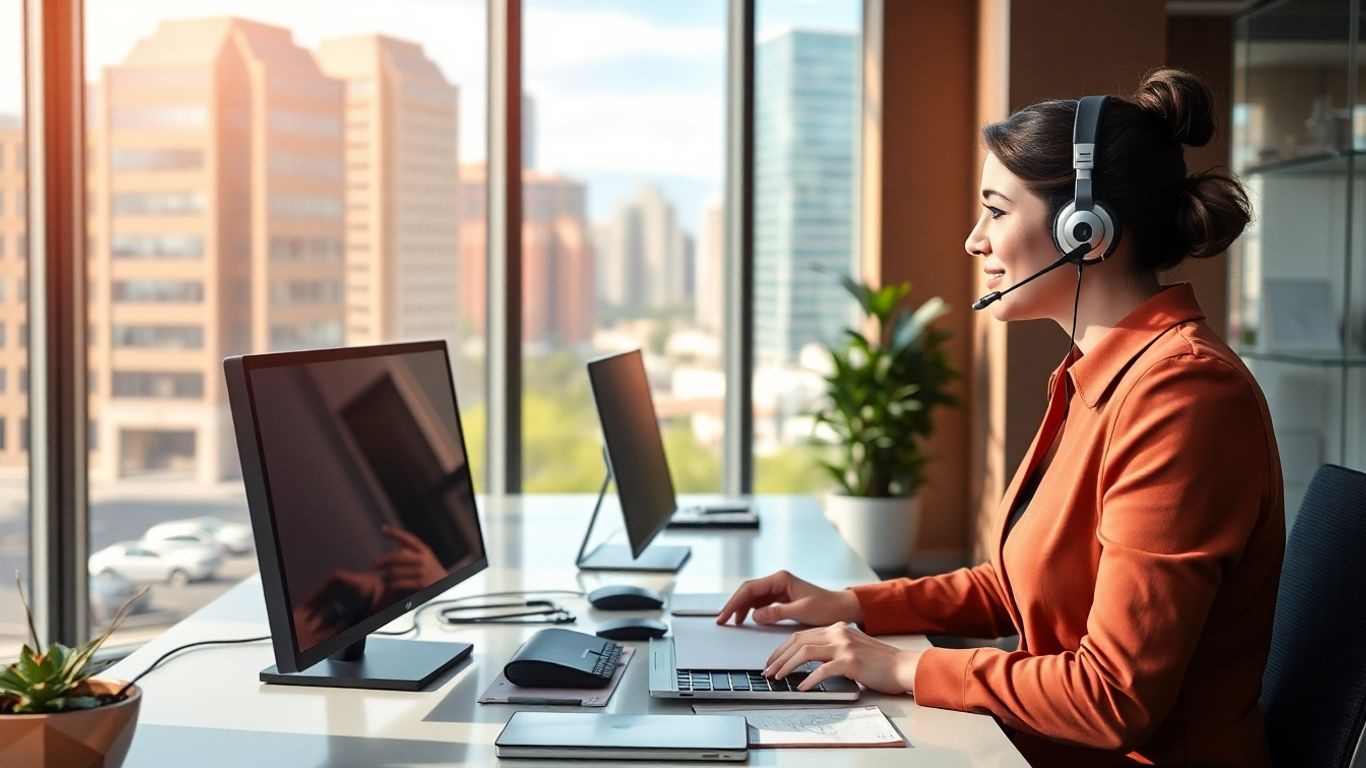 Salt Lake City receptionist at desk with city view