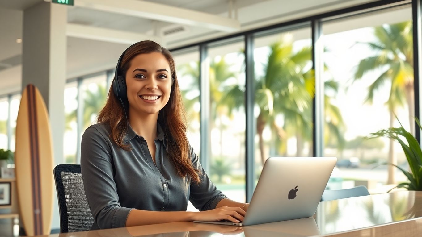 Smiling receptionist with headset in bright, beachside office