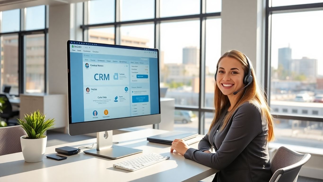 Virtual receptionist at desk with CRM in Huntington Beach