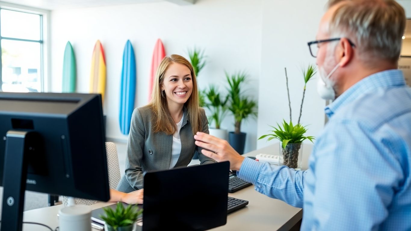 Receptionist helps business owner via computer in beach office