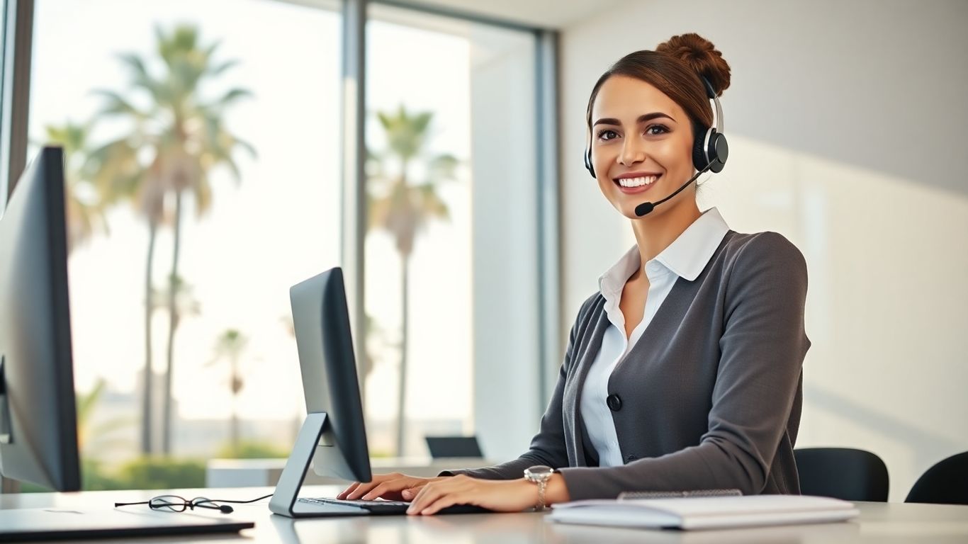 Virtual receptionist smiling at a sunny office desk