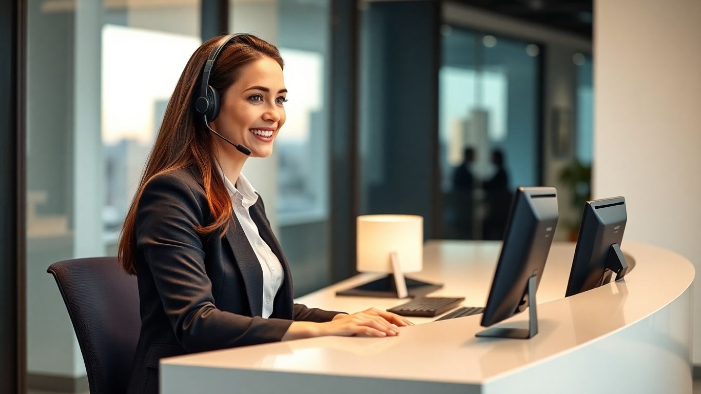 Receptionist in office answering call with Augusta skyline