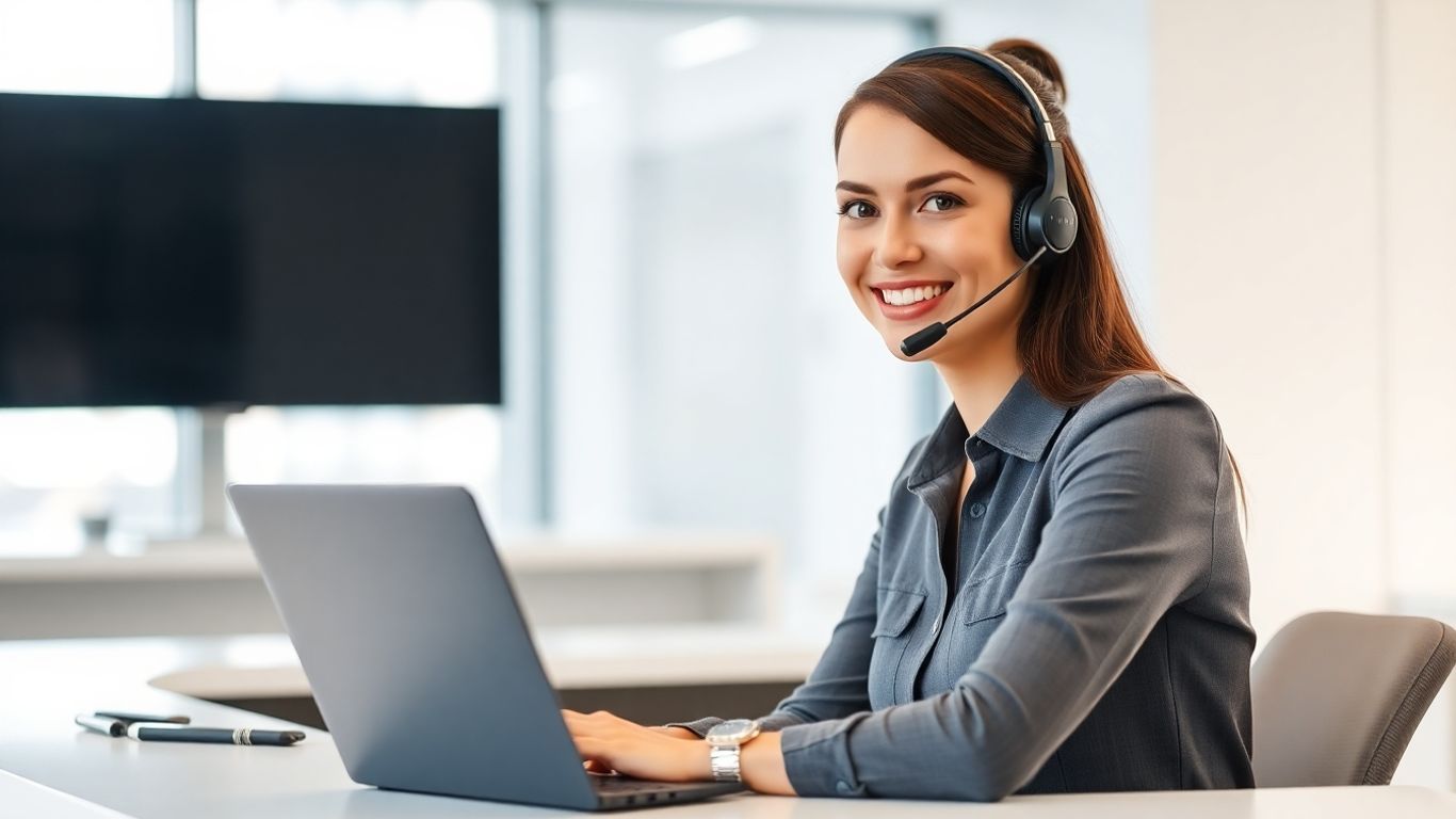 Receptionist with headset at modern office desk