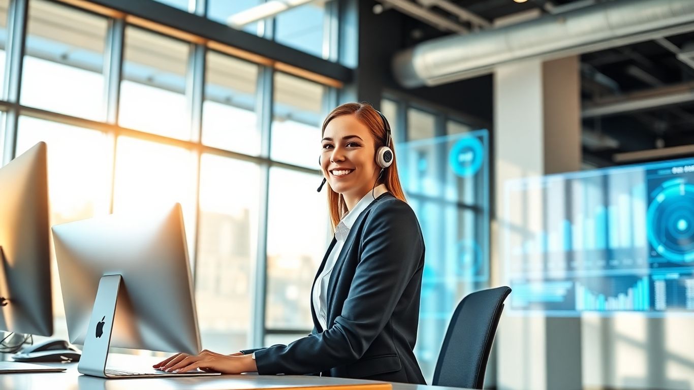 Professional receptionist at desk with futuristic analytics screens