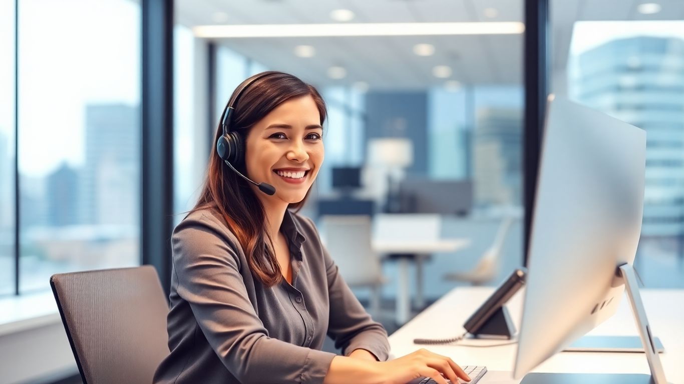Virtual receptionist greeting caller in modern office