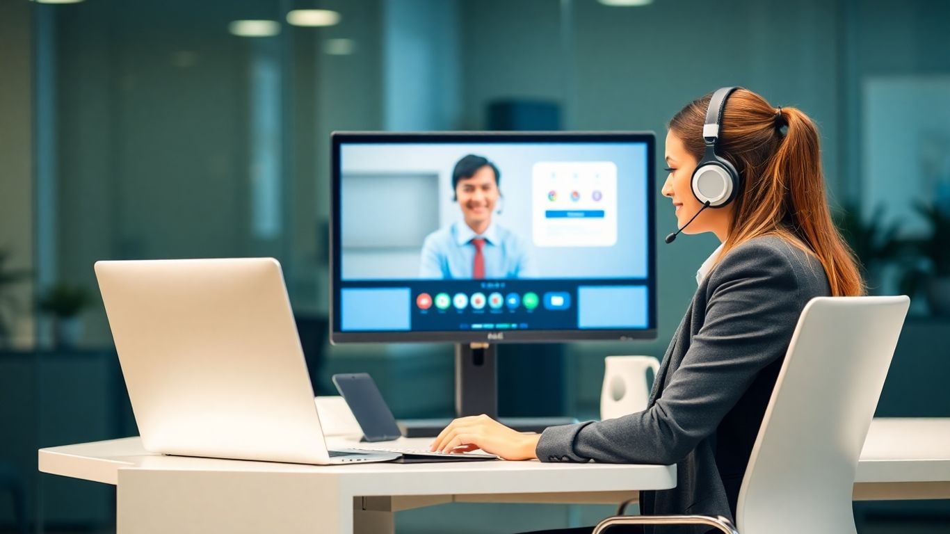 Virtual receptionist at modern desk communicating with client