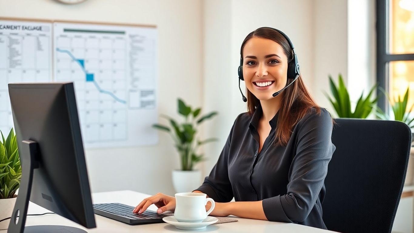 Virtual receptionist at desk with headset and calendar