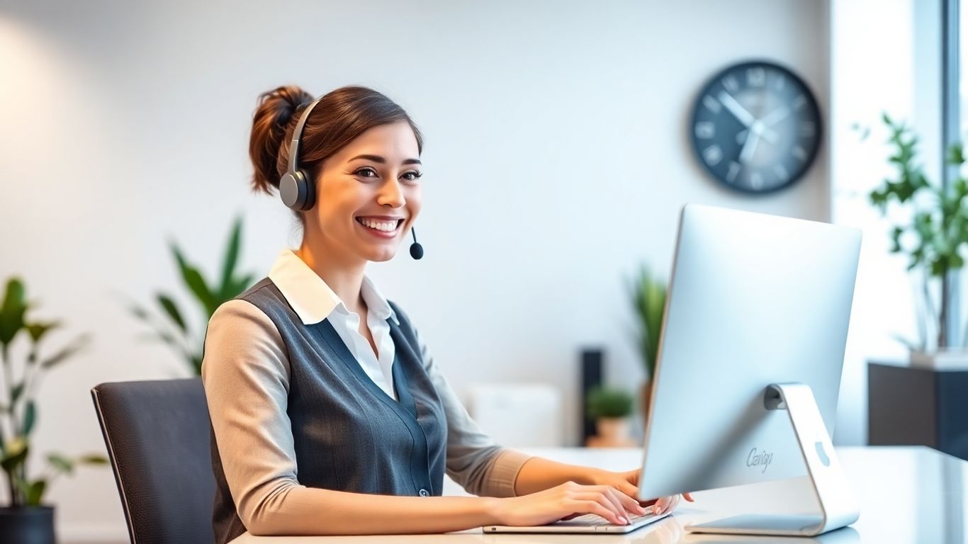 Smiling virtual receptionist at modern office desk with headset