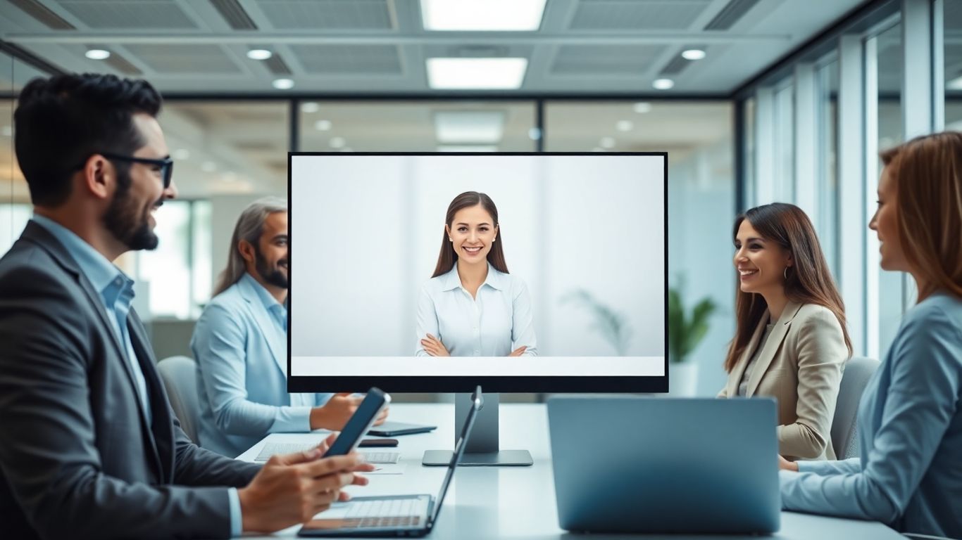 Virtual receptionist connecting business professionals in modern office