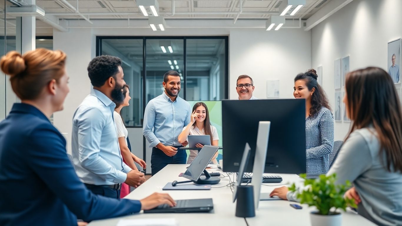 Smiling receptionist on screen assists diverse office team