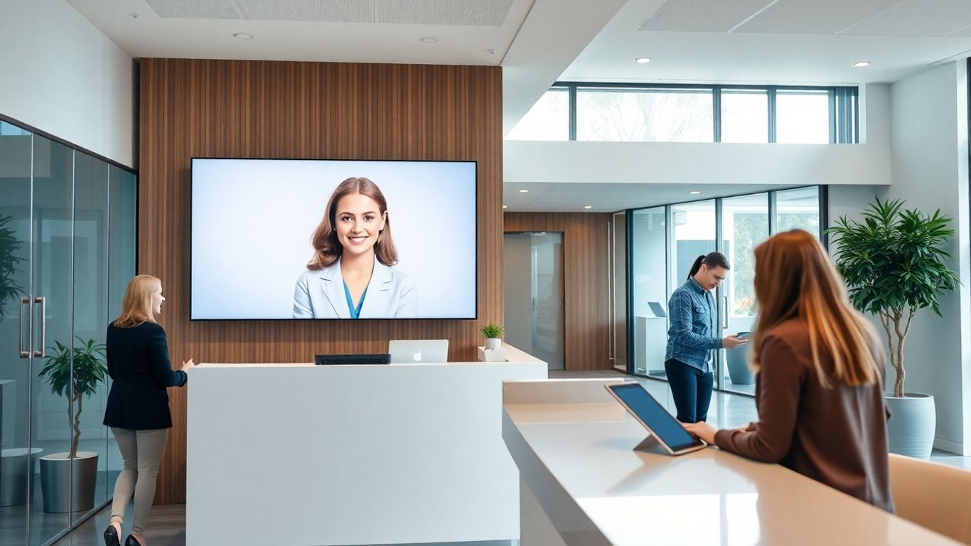 Virtual receptionist greeting clients in a modern office