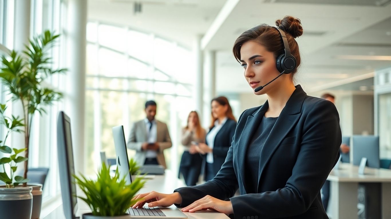 Virtual receptionist at modern office welcoming business visitors