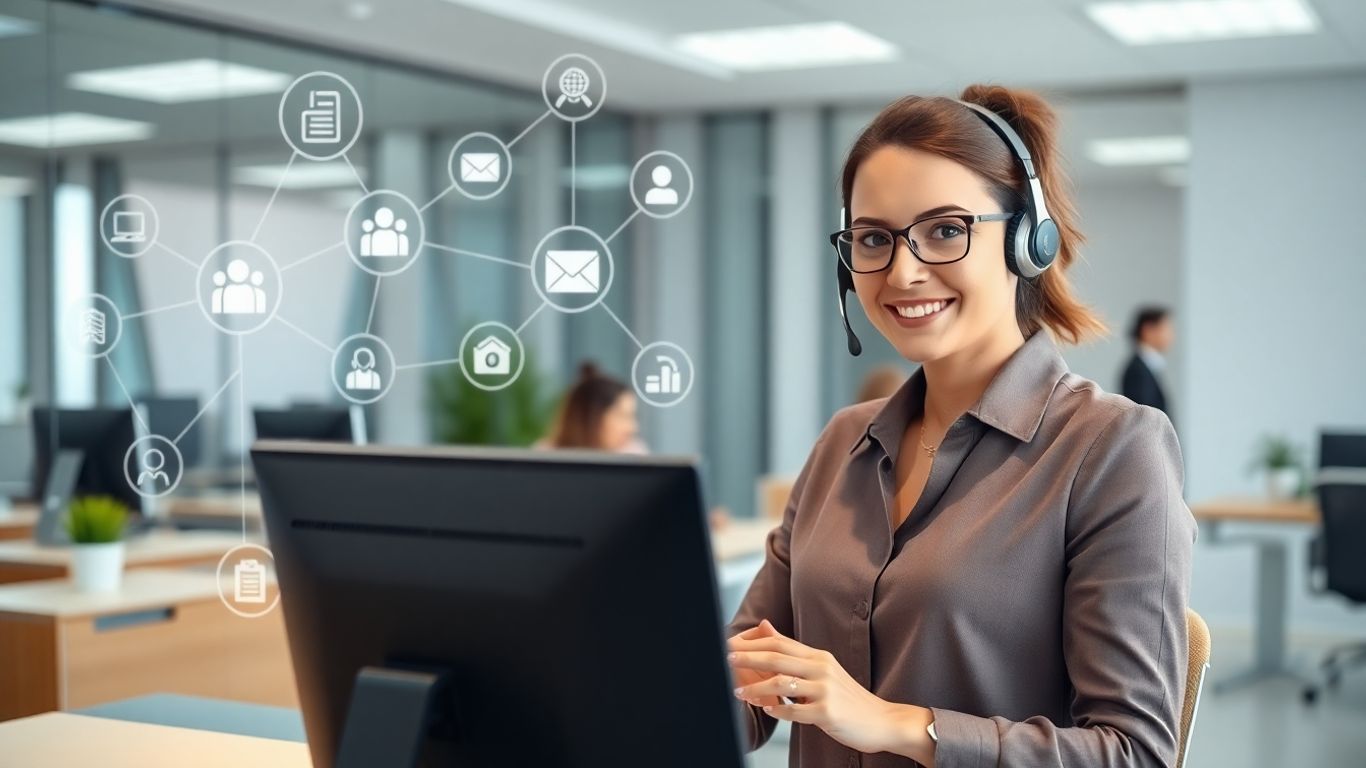 Receptionist using computer with business tool icons nearby