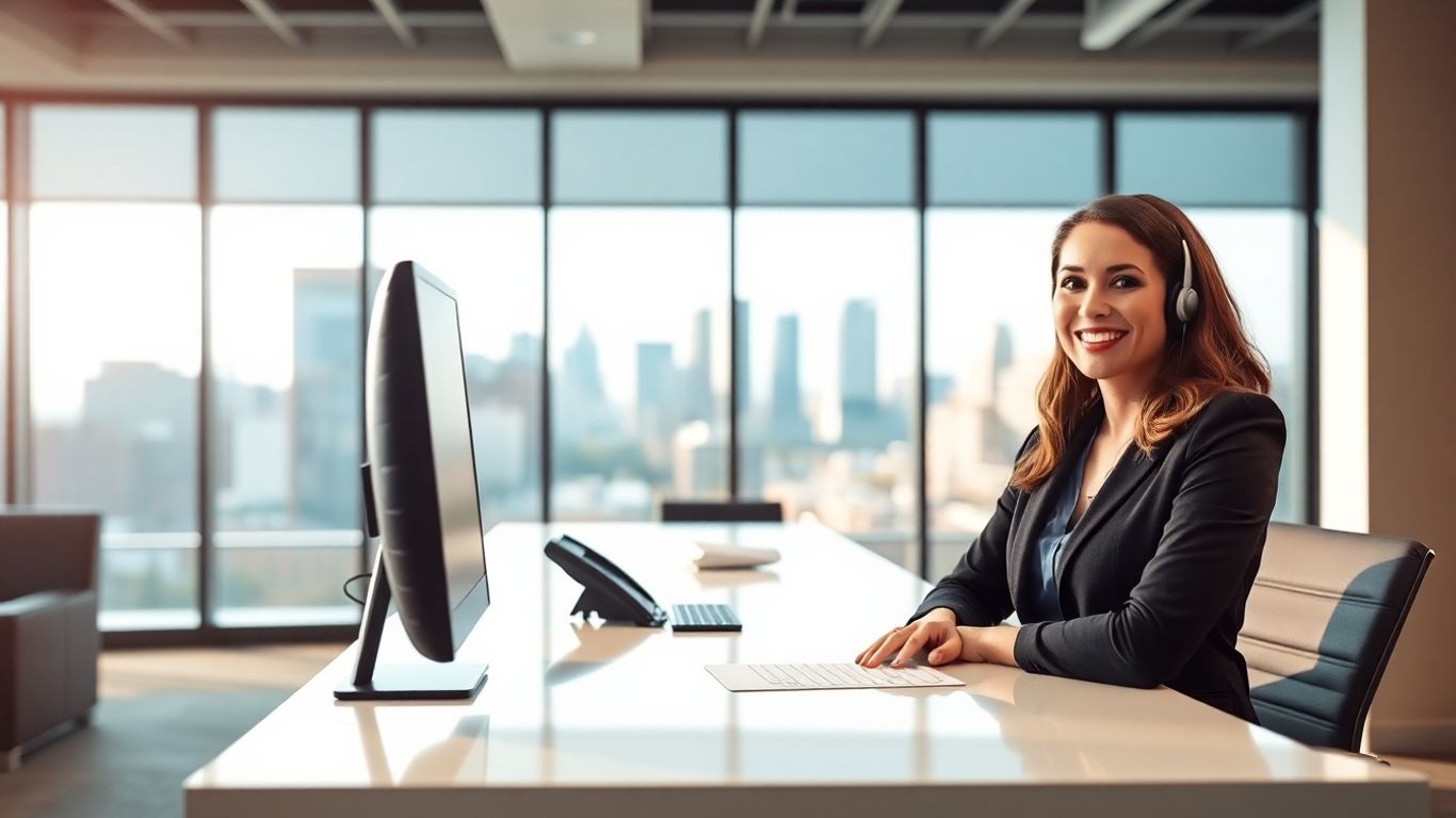Professional receptionist in modern office with Little Rock skyline