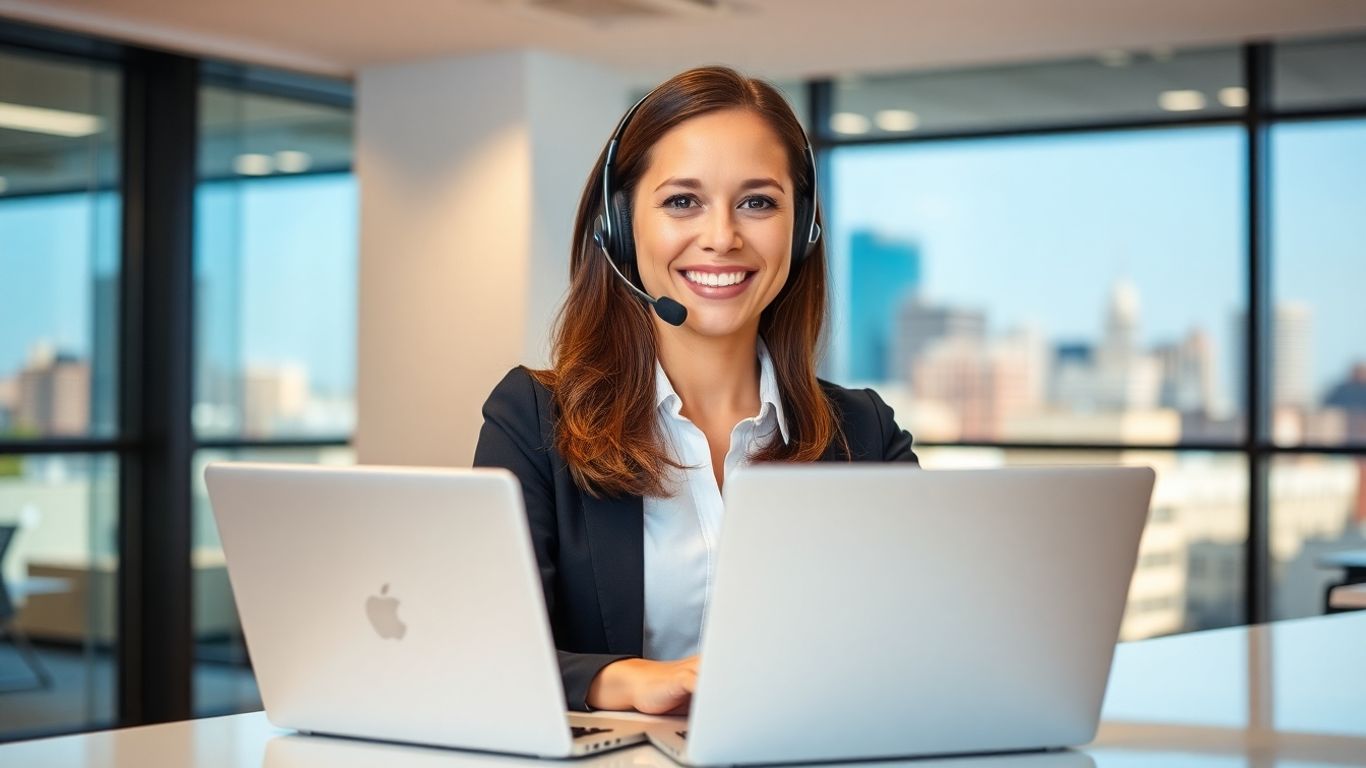 Professional receptionist with headset in bright modern office