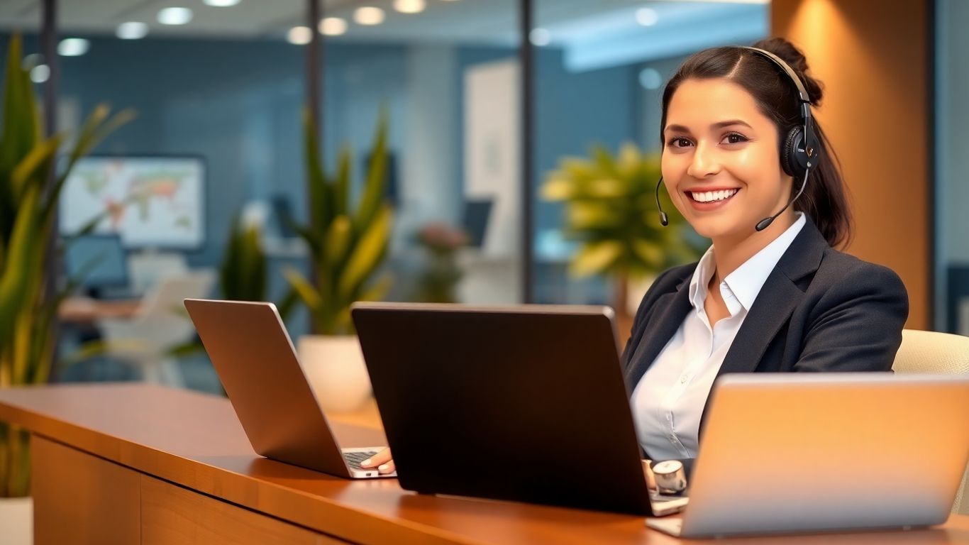 Virtual receptionist providing friendly service in modern office.