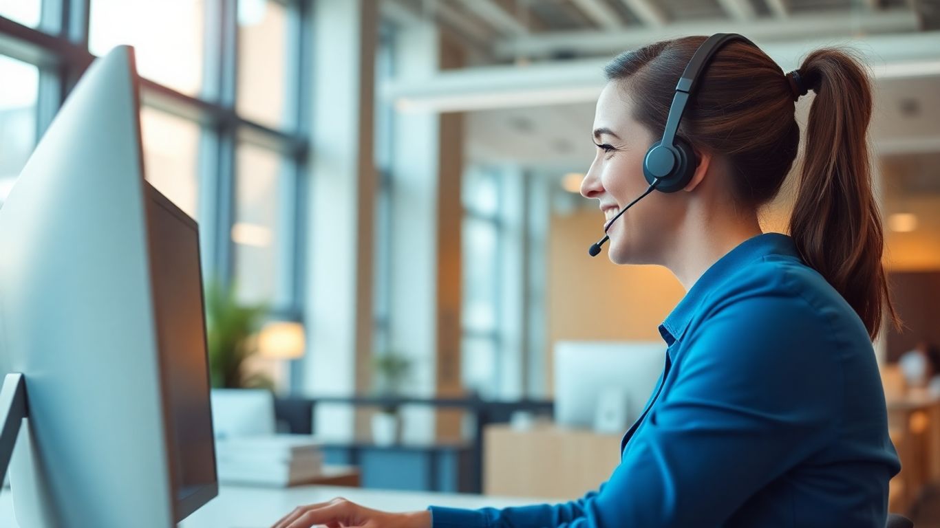 Virtual receptionist answering business calls in a modern office
