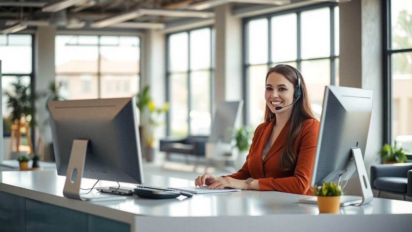 Virtual receptionist answering call in bright modern office