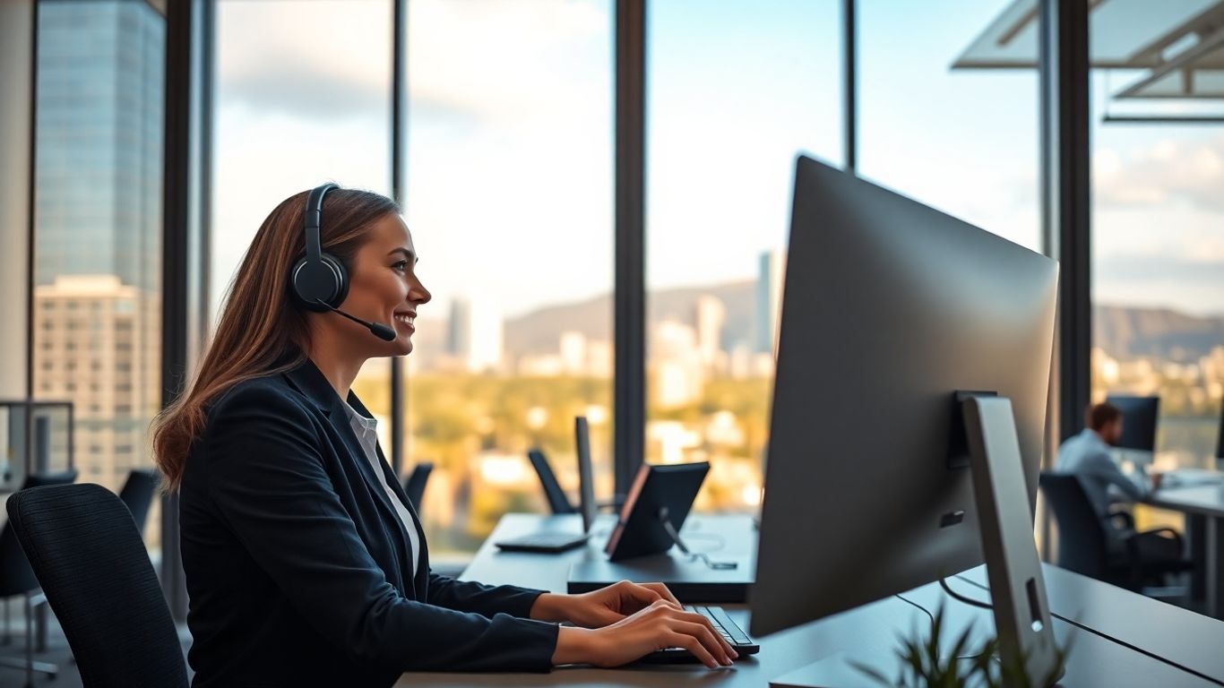 Virtual receptionist in modern office with Scottsdale cityscape