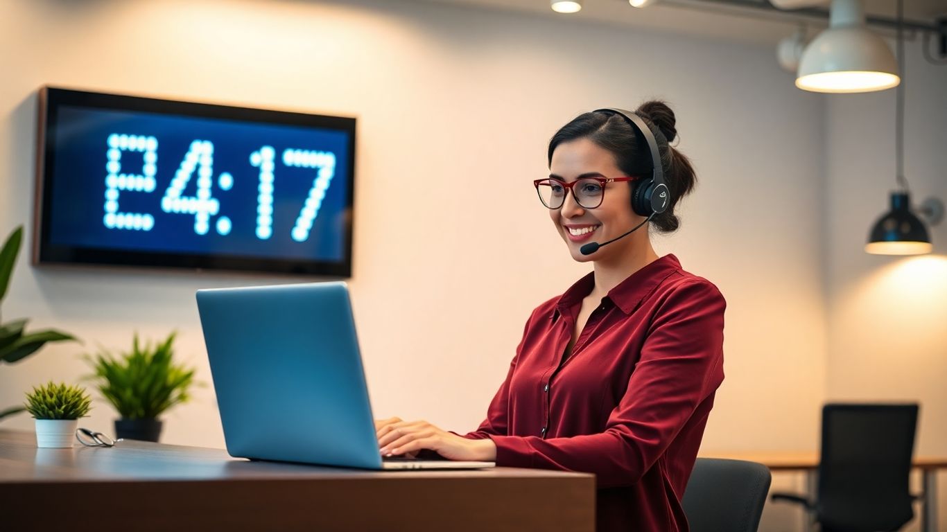 Receptionist with headset in modern office, digital clock visible