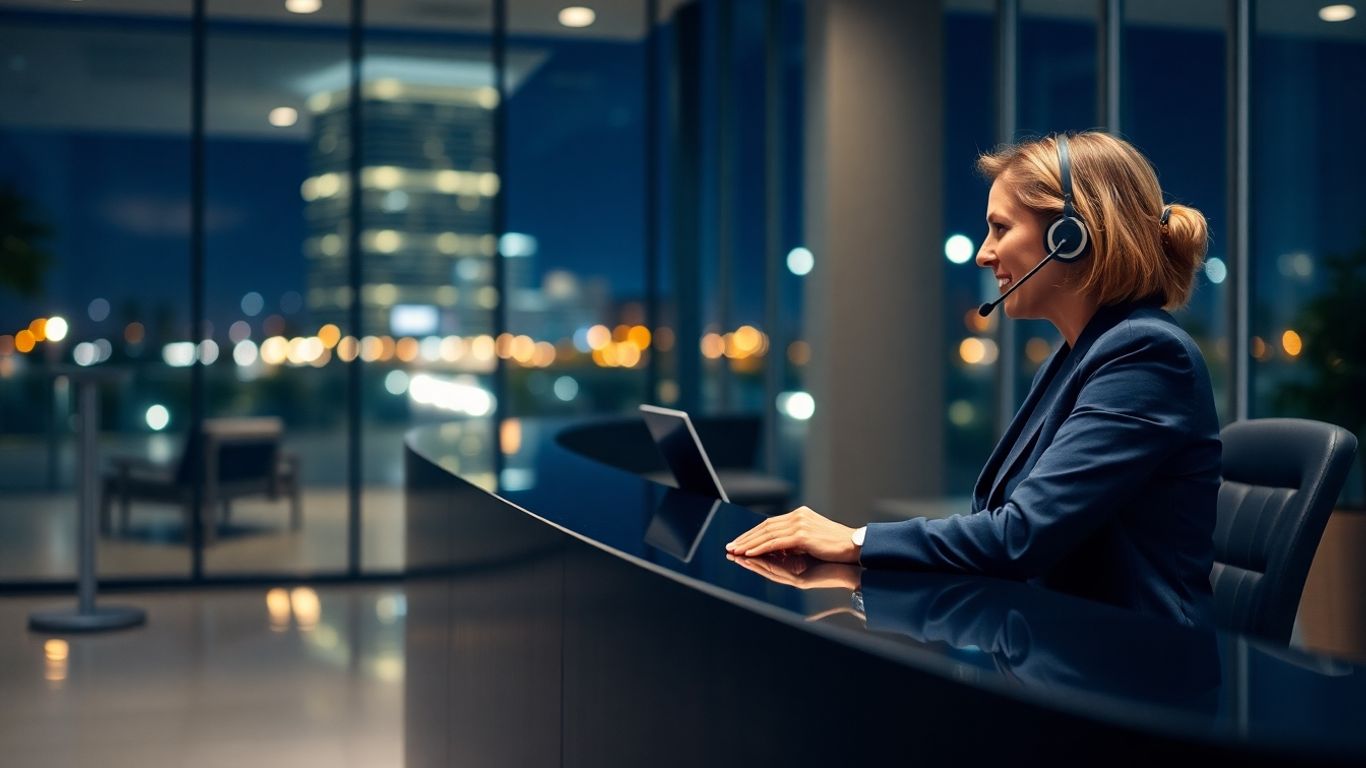 Receptionist in office lobby taking a call at night
