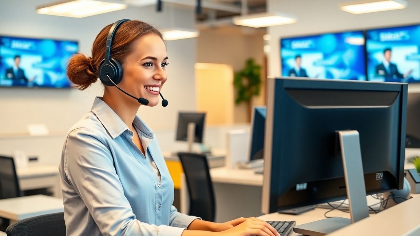 Virtual receptionist assisting clients in modern Fremont business office