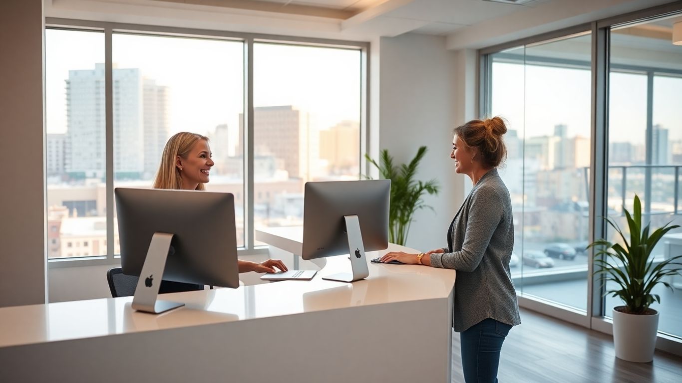 Virtual receptionist greeting customer in modern Fremont office