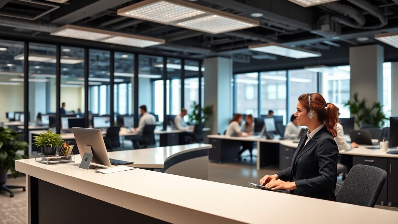 Receptionist answering calls in a busy modern office