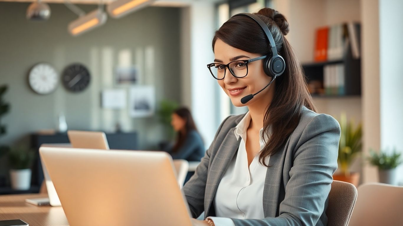Businesswoman with headset managing virtual receptionist tasks