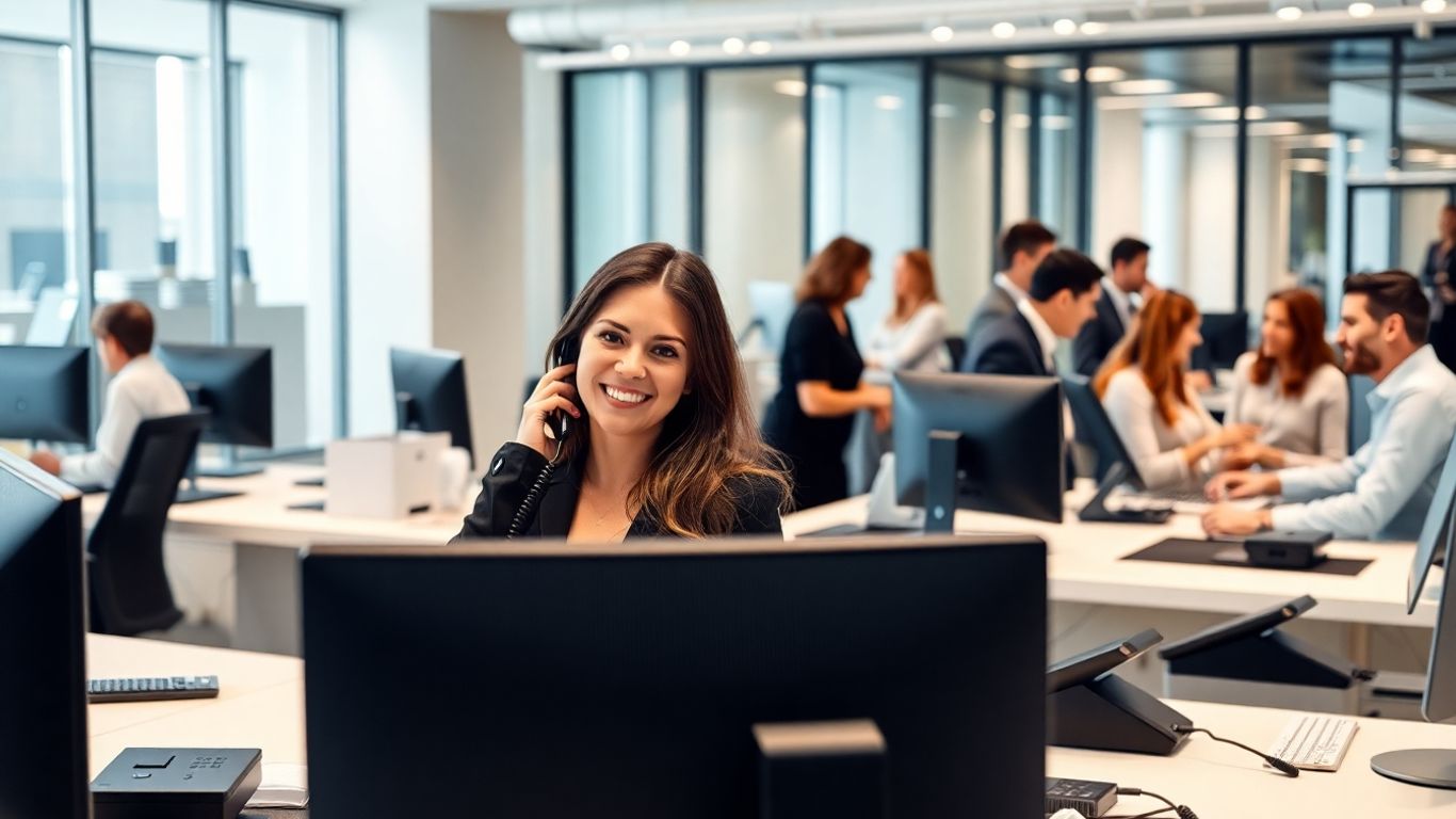 Receptionist managing multiple incoming business calls efficiently.