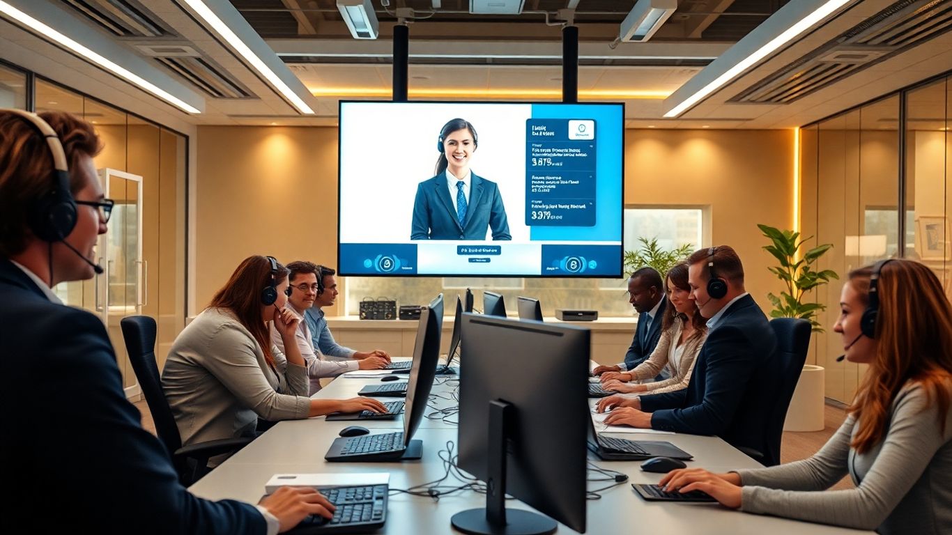 Virtual receptionist assisting business staff in bright office