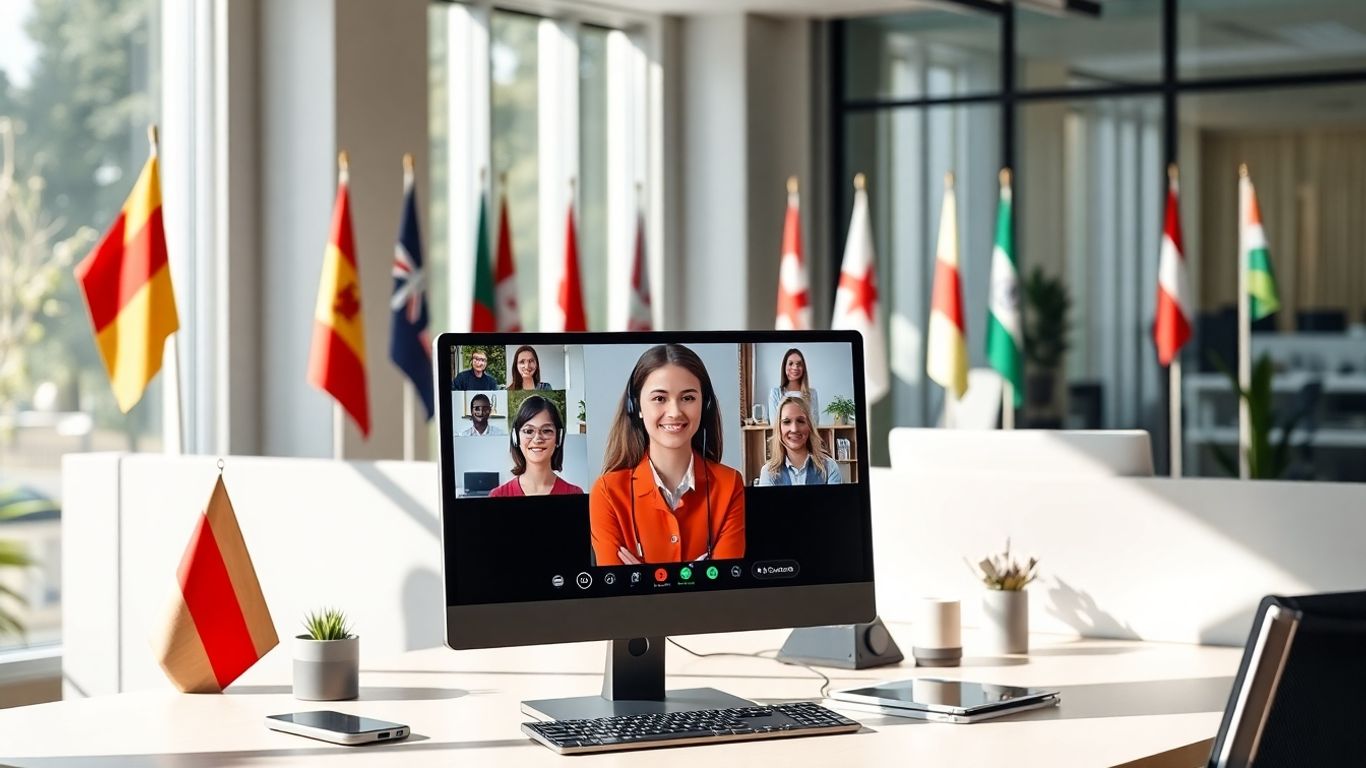 Virtual receptionist assisting diverse clients in modern office