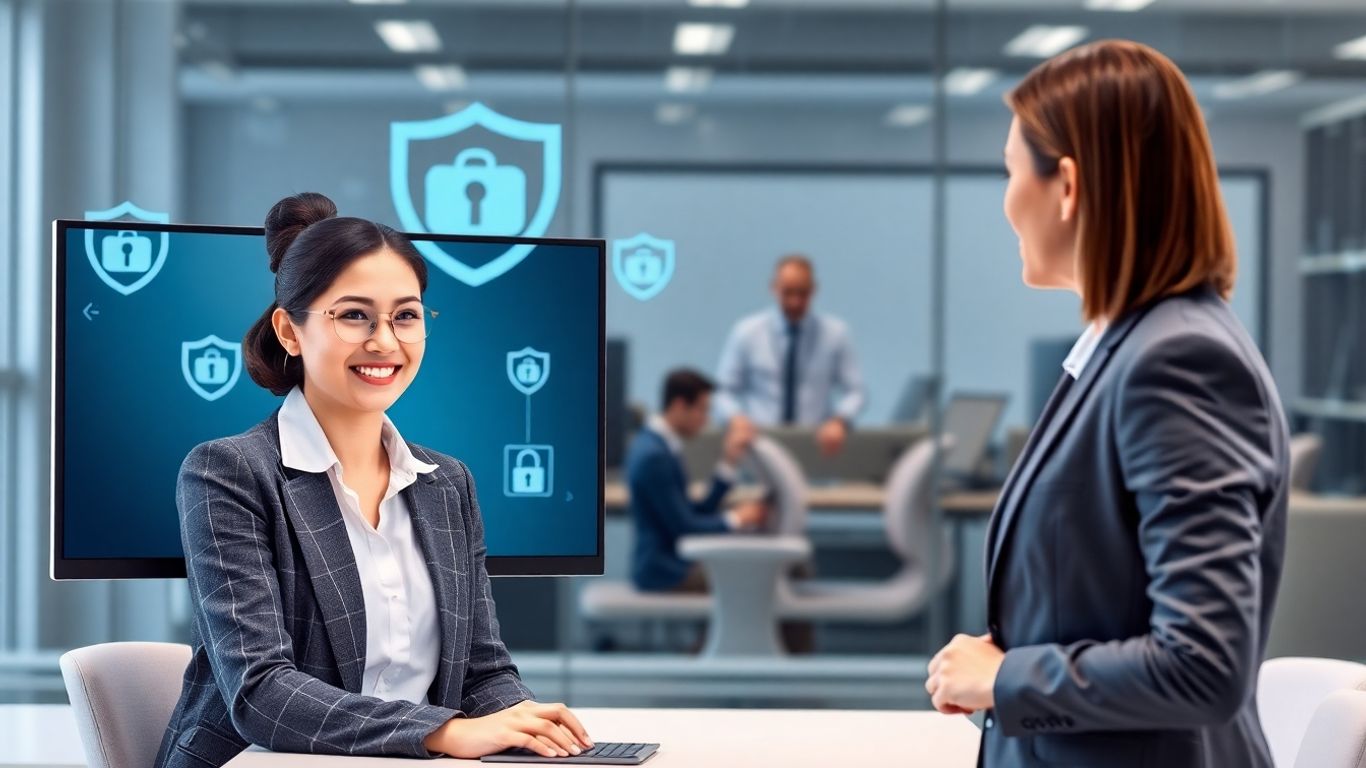 Virtual receptionist on computer aiding business professional securely.