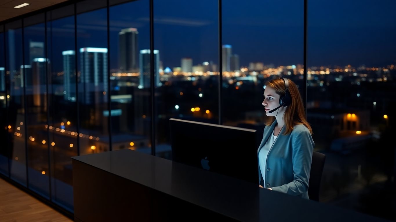 Receptionist at night in modern Irvine office answering calls